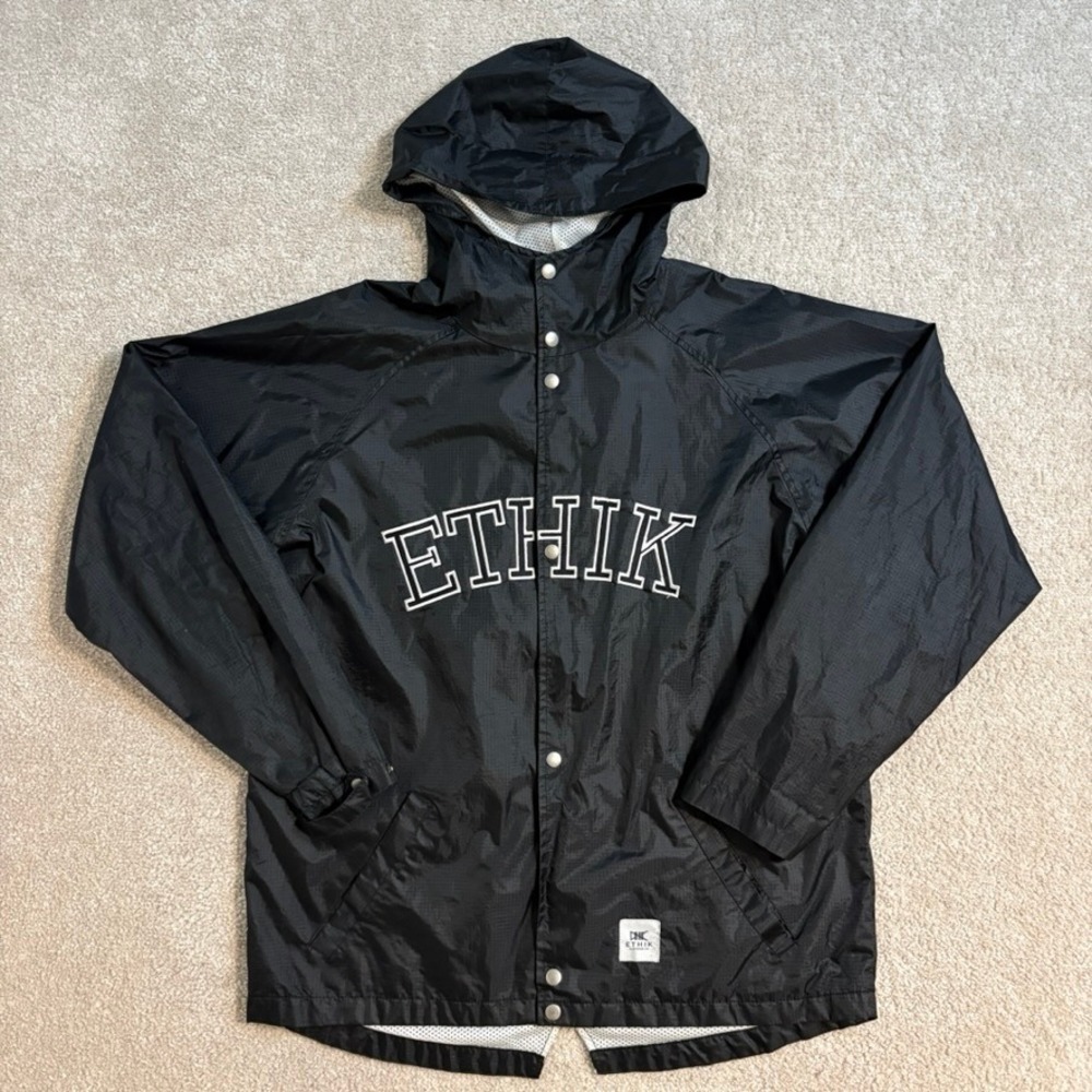 ETHIK Windbreaker Jacket  Lightweight Hooded Snap Front Black Mens‎ Size XL